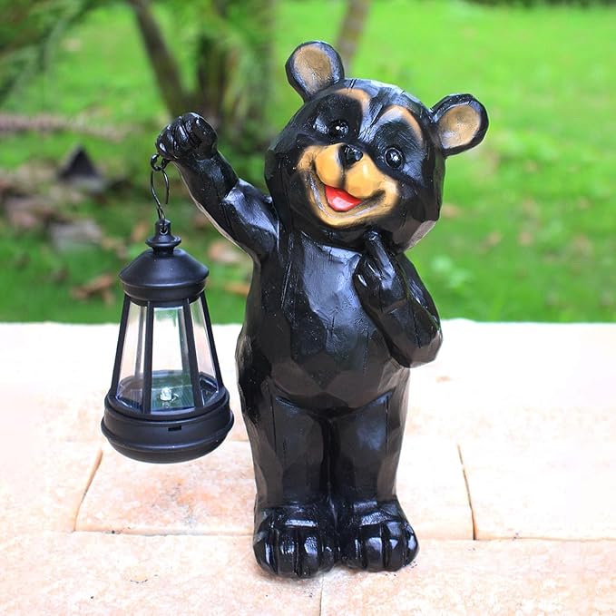 Garden Statues Bear Solar Figurine Lanterns Outdoor Waterproof Lights, Yard Decorations, Garden Decor Unique Birthday Housewarming Gifts for Mom, Resin Material, Hand-Painted