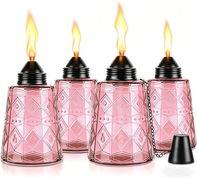 4-Pack Glass Table Top Torches - 12oz Refillable Citronella Torches Canisters for Outdoor, Includes Wick & Cap, Decorative Lanterns for Patio, Garden, Yard, Party, Landscape (4 Pack-Pink)
