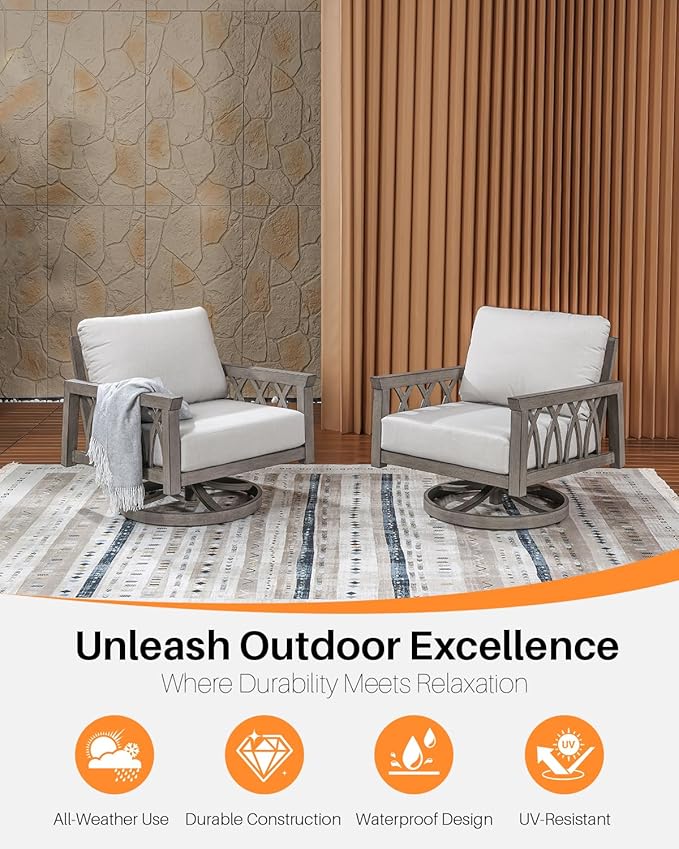 Outdoor Swivel Armchairs Set of 2, Aluminum Patio Sofa Chairs with Cushions, 360° Rotating Aluminum Club Chairs, Weather-Resistant Patio Furniture Set for Deck Garden Poolside, Limed Oak