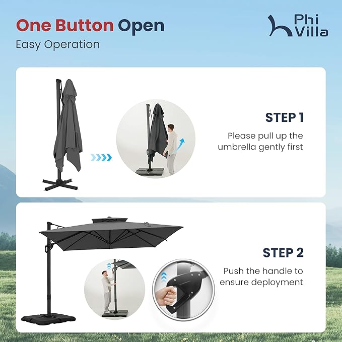 PHI VILLA 9x12 Cantilever Patio Umbrella with Base, Double Top Large Rectangular Umbrella, Heavy Duty 360° Rotation Hydraulic Outdoor Sun Umbrella Windproof for Pool, Garden,Grey