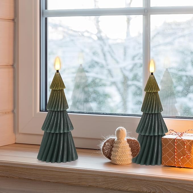 Christmas Tree Spiral Skirt-Shaped Flameless Candles with 6H Timer, 2 Pcs Battery Operated LED Pillar Candle with Flickering 3D Wick, Green Candles for Home Décor Christmas Gifts