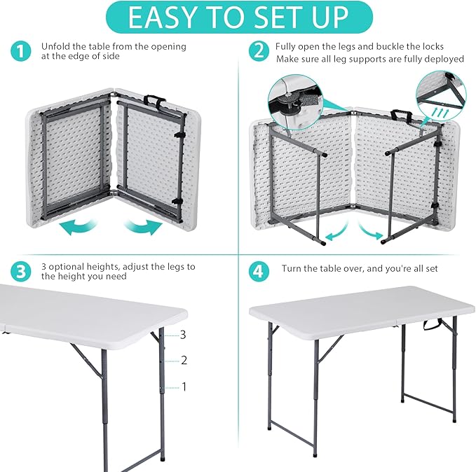 4 FT Folding Table, Fold in Half, Height Adjustable Heavy Duty Portable Plastic Table w/Handle for Picnic Party Camping Dining Indoor Outdoor, Lightweight White