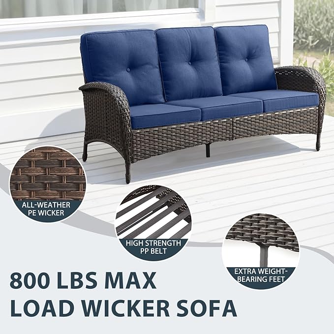 5 Piece Patio Furniture Set - Wicker Patio Conversation Set with Swivel Glider, 3 Seat Sofa, Tempered Glass Side Table and Coffee Table for Deck Backyard - Brown Wicker Blue Cushion