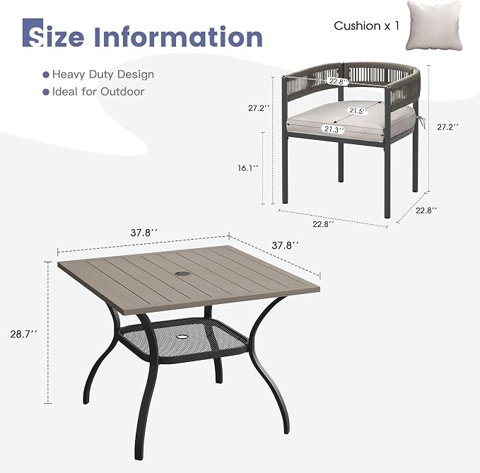 VICLLAX Patio Dining Set, 37.8" Grey Table & 4 Chairs with Wheat Cushion | Outdoor Table and Chairs Set of Square Metal Patio Table, Outdoor Dining Chairs with Metal Frame, Garden Deck Porch