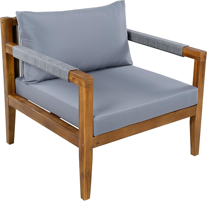 3 Pieces Outdoor Sectional Sofa Set, All Weather Rope Woven Patio Conversation Set with Solid Acacia Wood Frame, Water-Resistant Removable Cushions for Backyard Deck Poolside (Grey-4.19)