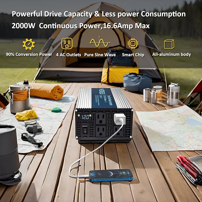 WZRELB 2000W Pure Sine Wave Inverter 12V DC to 110V 120V AC Power Converter with LED Display, Remote Controller, Off-Grid Power Inverter 4000W Surge with 4 AC Outlets,for Home, RV, Truck, Camping