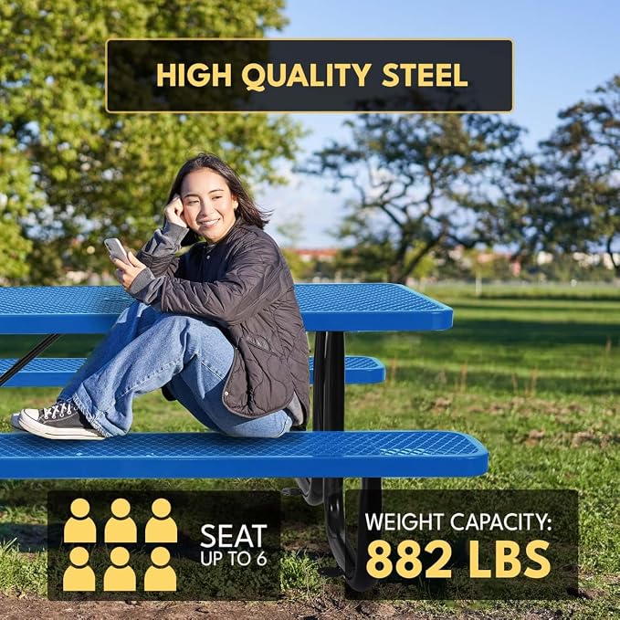 6 ft Outdoor Picnic Table with Umbrella Hole, Heavy-Duty Steel Frame, Rectangular Weather-Resistant Dining Table for Backyard, Patio & Garden, Blue