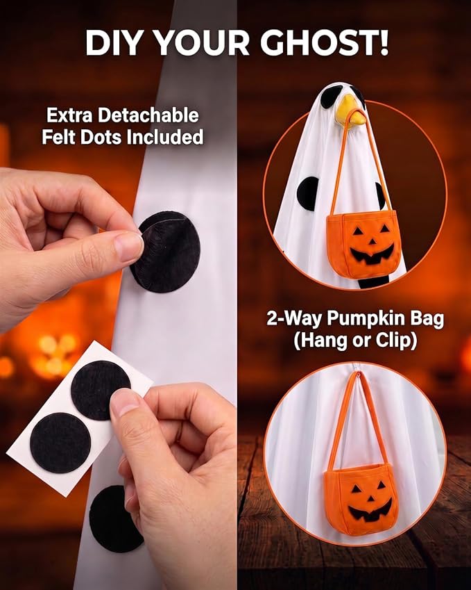 Halloween Porch Goose Outfits, 23 Inch Light Up Ghost Costume & Flag | Ghost porch goose halloween outfit for cement goose. LED ghost clothes with pumpkin bag & flag, gift for mom, grandma.