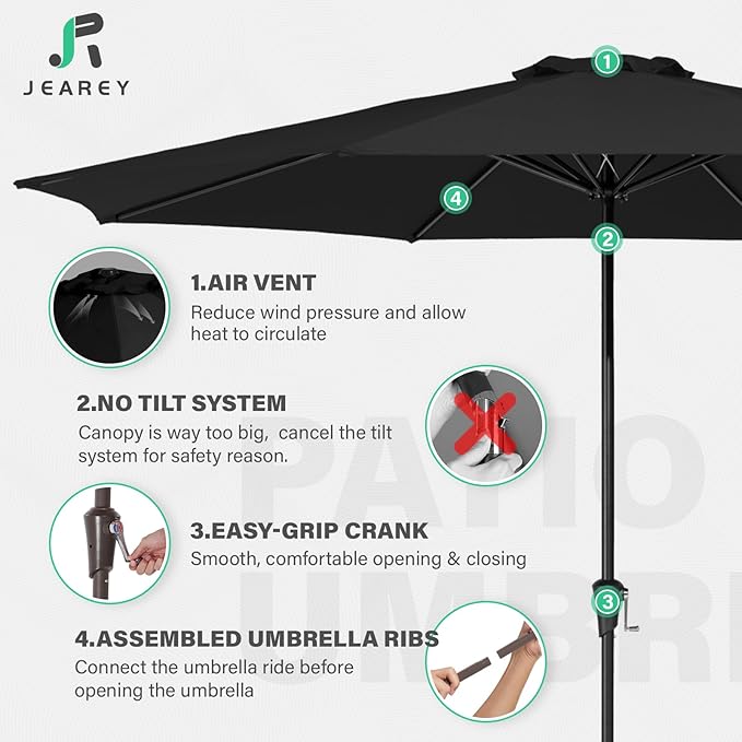JEAREY 11' Patio Umbrellas Outdoor Table Market Umbrella w/Crank, 8 Sturdy Ribs, UV Protection Windproof for Garden, Deck, Backyard, Pool(Black)