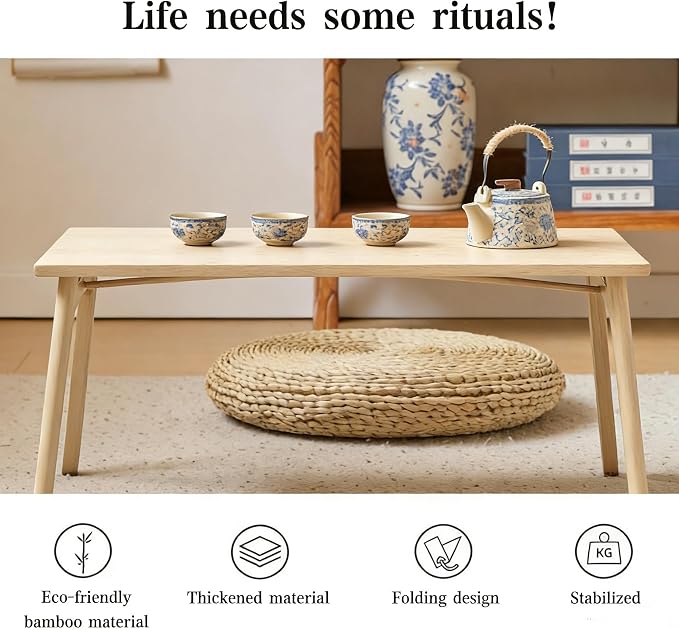 JIKUGO Bamboo Folding Coffee Table No Assembly Required Japanese Floor Table for Bedroom Living Room, Natural Wood, 26 x 15.8 x 11.8 Inches