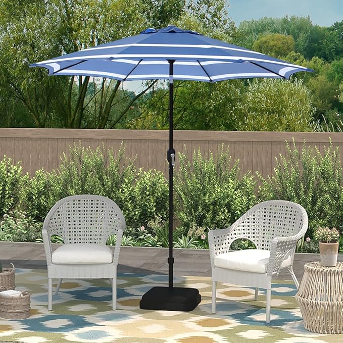 ABBLE Outdoor Patio Umbrella 9Ft Stripe Royal with Crank and Tilt - Market, Picnic, Pool, Garden, Deck, Backyard and Beach - Blue & White