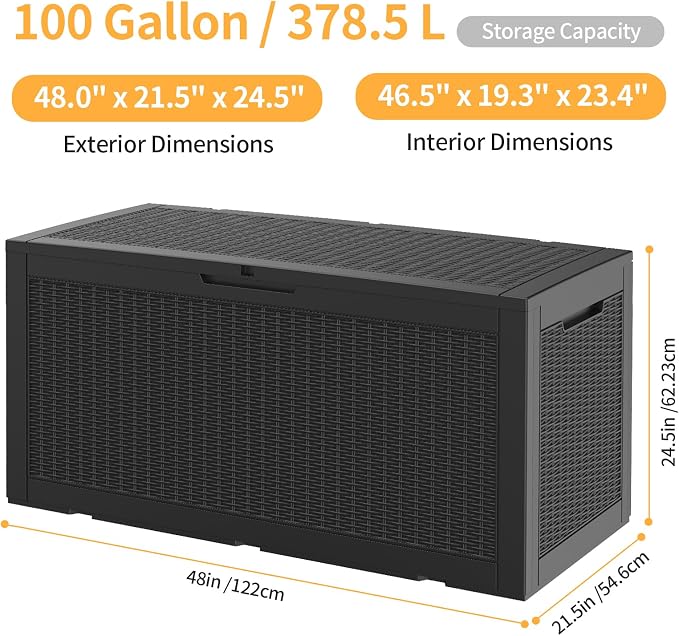 120 Gallon Waterproof Large Resin Deck Box, Lockable Storage Container for Patio Cushions, Garden Tools, Indoor & Outdoor (Black)