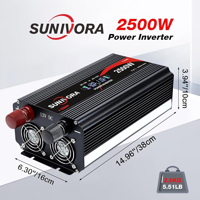 2500 Watt Power Inverter 12V to 110V/120V DC to AC Converter 5000W Peak, with Remote Control & LCD, 4 AC Outlets & 4 USB Ports Power Inverters for Vehicles Car Truck Boat RV Camping Solar System EPS
