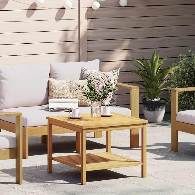 Solid Acacia Wood Side Table, 23.6 x 23.6 x 17.7 Inch End Table with Storage Shelf for Patio Garden Living Room, Indoor Outdoor Accent Table