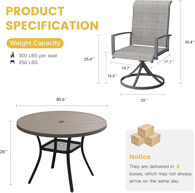 VICLLAX Patio Dining Set for 4, 5 Pieces Outdoor Furniture Set- 40.7" Round Outdoor Table and Swivel Padded Chairs, Grey Wood Grain Tabletop and Grey Fabric
