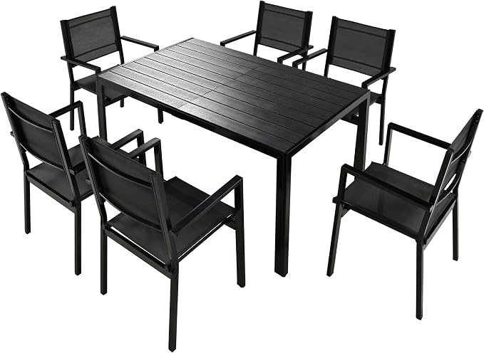 RuiSiSi 7 Pieces Outdoor Dining Table Set for 6, Steel Patio Dining Table and 6 Textilene Chairs for Yard, Garden, Porch and Poolside (Black)