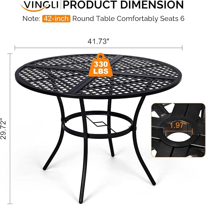 VINGLI 42" Round Outdoor Dining Table with Patio Umbrella - Heavy-Duty Iron Patio Table with Push-Button Umbrella for Patio, Deck, Backyard (Table with Umbrella)