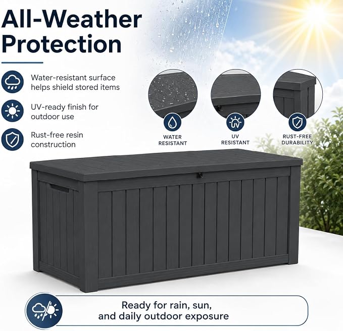Outdoor Deck Patio Storage Box - 170 Gallon Large Outdoor Deck Box, Plastic Storage Bin with Lid, Outside Toy Box & Pool Storage Container for Cushions, Garden Tools, Towel, Black