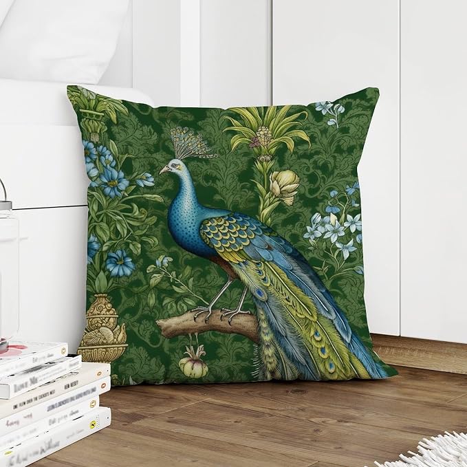 Aqua and Green Chinoiserie Throw Pillow Covers Green Peacock Animal Asian Cushion Cases 18x18 INFarmhouse Accent Outdoor Garden Decoration for Patio Garden Couch Tent