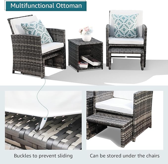 OC Orange-Casual Patio Furniture Wicker Conversation Set Pillows Included, Outdoor Loveseat Chairs with Ottomans, White Cushions w/Taupe Cushion Cover, Gray Wicker 6 Pieces