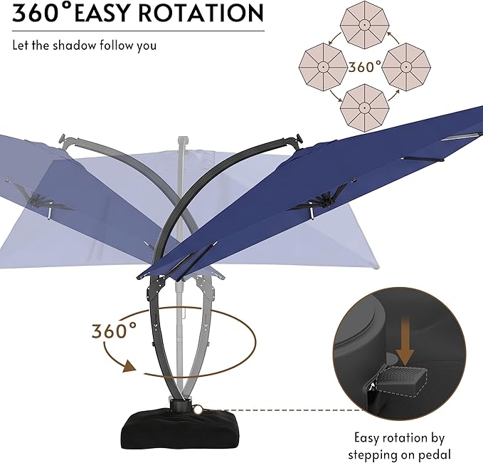 11x11FT Solar Powered LED Light Cantilever Patio Umbrella with Base Included, Large Cantilever Umbrella with 360°Rotation, Heavy-Duty Offset Outdoor Umbrella for Patio,Pool,Backyard (Navy blue)