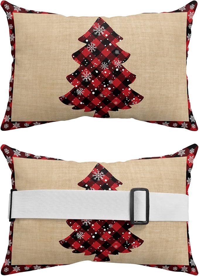 Outdoor Pillows Covers with Inserts Christmas Red and Black Buffalo Tree and Snowflake Waterproof Pillow with Adjustable Strap Throw Pillows for Patio Furniture Recliner Lounge Chair, 12x20 inch, 2PCS