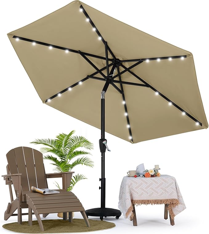 MASTERCANOPY 7.5FT 6Ribs Patio Umbrella with 32 Solar LED Lights, Outdoor Market Umbrella with Tilt & Crank, UV Protection & Fade Resistant Fabric, Easy Set-Up for Garden, Deck, Pool (Khaki)