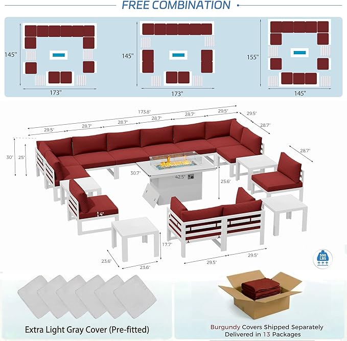 NICESOUL 12 People Large Luxury Aluminum Outdoor Sectional Sofa, L Shaped Modular Patio Furniture Set with Fire Pit Table & Side Table, 500 lbs Heavy Duty Conversation Couch for Poolside, Burgundy
