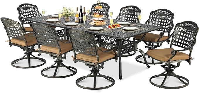9-Piece Patio Cast Aluminum Dining Set, Outdoor Table and Chairs Set for 8, Includes 94.5" Rectangular Dining Table and 8 Swivel Rocker Chairs with Umbrella Hole for Lawn Garden, Tan