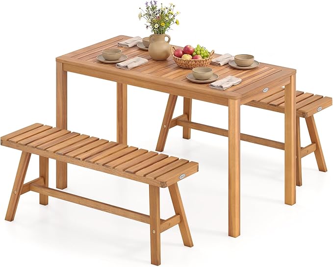 Tangkula 3 Pieces Acacia Wood Patio Dining Set, Outdoor Rectangular Table and Benches with Slatted Seats, Space-Saving Outside Furniture Set for Deck, Lawn, Garden and Backyard