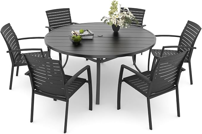 Anmutig Outdoor Dining Set for 6, 54" Round Table & 6 Aluminum Frame Chairs | Stackable Chairs, Resin Slat Seating, Powder-Coated Steel Table, Umbrella Hole, Easy Assembly, Patio, Garden, Backyard