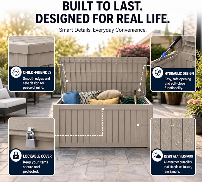 LAUSAINT HOME 230 Gallon XXL Outdoor Deck Box, Waterproof Resin Storage Box Bench with Lock, Large Patio Cushion Storage, Garden Tool Organizer, Pool Storage Container, 3-Person Seat, Light Brown