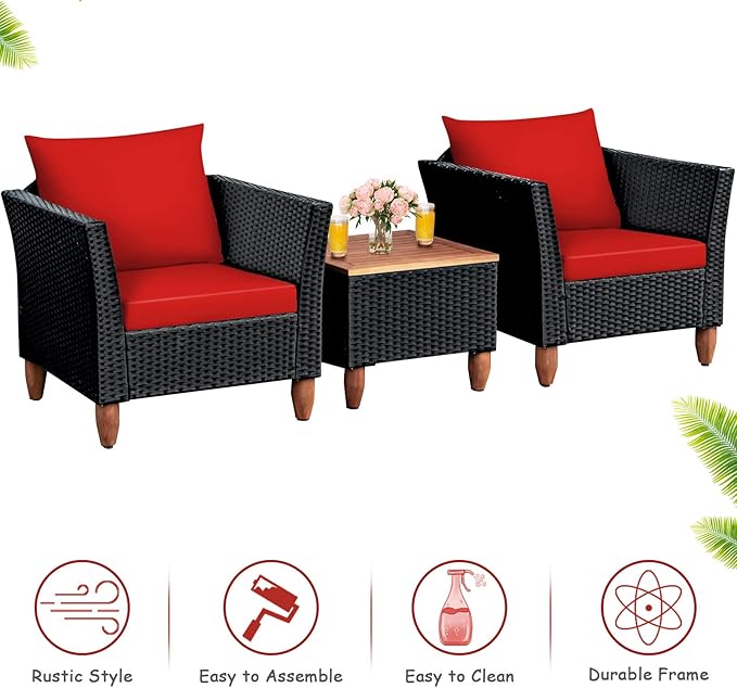 COSTWAY 3 Pieces Patio Rattan Furniture Set, Outdoor Wicker Conversation Chairs Set with Acacia Wood Coffee Table & Washable Cushion, Porch Furniture Bistro Set for Balcony, Garden, Backyard, Red