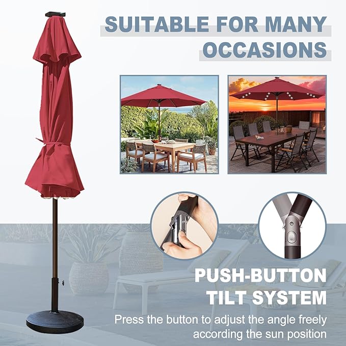 EliteShade USA 10-Year-Non-Fading 10ft Market Patio Umbrella, Commercial Grade Table Sun Umbrella with 80 Solar LED Lights, Crank Open, Windproof & UPF 50+ UV Protection for Garden, Deck, Pool, Backyard, Burgundy