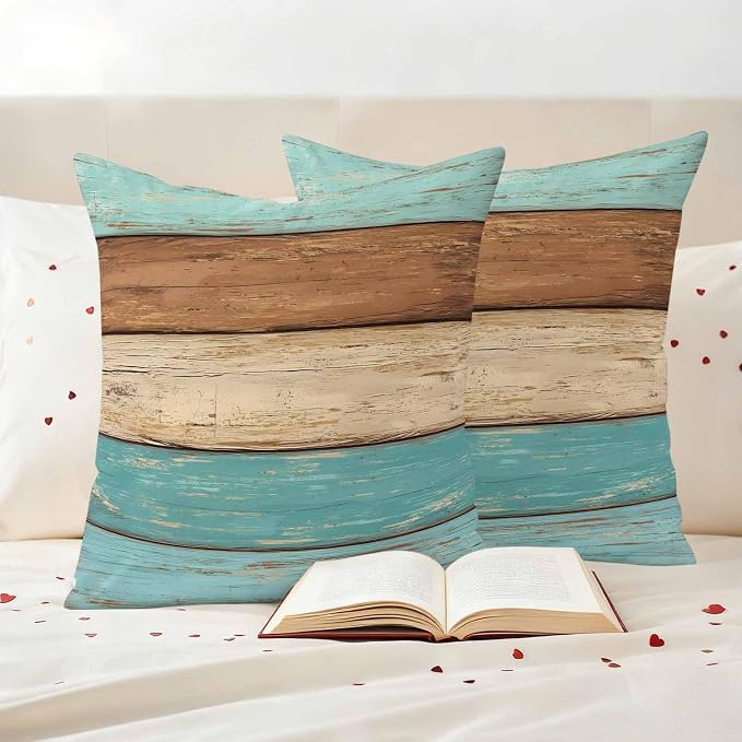 Farmhouse Aqua Brown Outdoor Waterproof Pillow Covers, Vintage Wooden Striped Decorative Square Throw Pillowcase Sofa Cushion Sham for Patio/Couch/Chair, 26"x26" 2 Pack