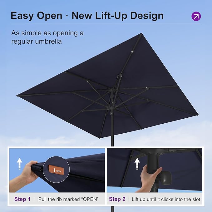 PURPLE LEAF 8' x 8' Square Semi-Auto Outdoor Patio Umbrella Aluminium Market Umbrella Table Sun Umbrella with 1.89" Rod and 8 Sturdy Ribs for Deck Lawn Pool Garden, Navy Blue