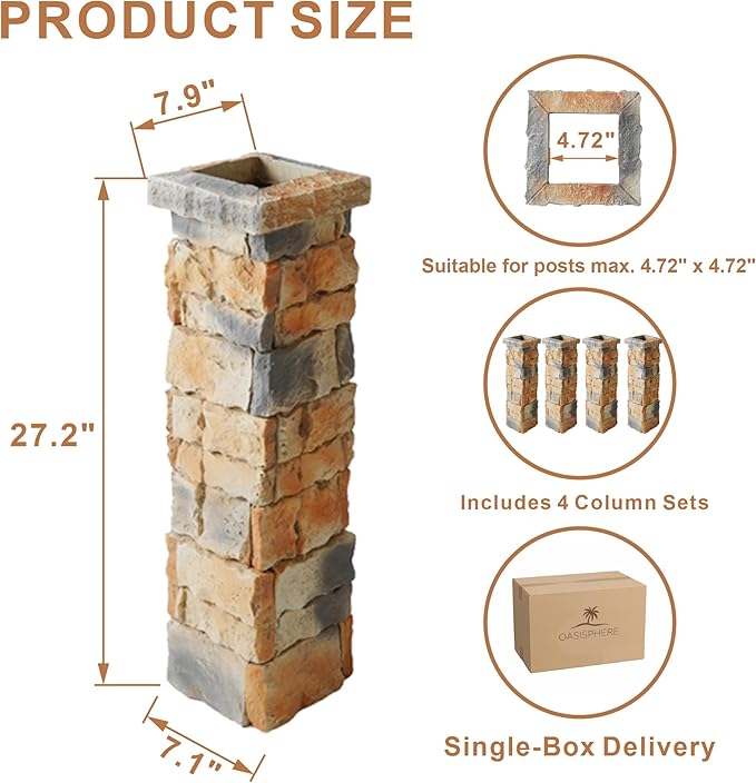 [4-Pack] Faux Stone Column Wrap, 27.2" Height Stackable Post Sleeves, Realistic Natural Rock Texture Decorative Pillar Covers for Gazebo, Porch and Patio, Easy DIY Interlocking Installation.