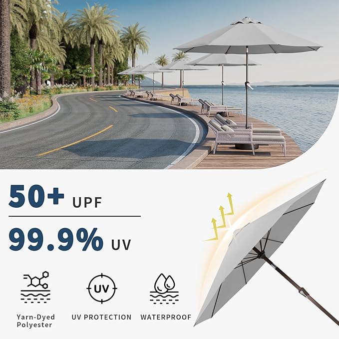 10FT Patio Umbrella Outdoor Market Umbrella with Crank and Tilt, 8 Flexible Fiberglass Ribs, UV-Resistant Waterproof Canopy for Patio, Deck, Garden, Backyard, Light Gray