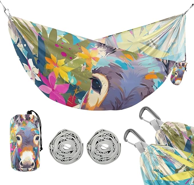 Colorful Donkey Floral Art Outdoor Hammock with Hanging Rope Fabric Hammock for Patio Backyard Lounge Base