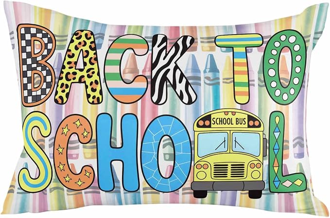 Outdoor Waterproof Throw Pillow Covers Set of 2 Back to School Lumbar Pillowcases 20x12 Inches Crayon Truck School Season Decorative Pillows Cushion Case Patio Pillows for Couch Bed Chair Garden