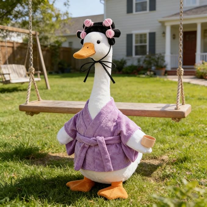 Old Lady Porch Goose Outfits Grandma Goose Clothes Glasses Curly Wig Floral Print Dress Cardign and Pearl Necklace,23'' Geese Statue Outdoor Patio Yard Lawn Decoration (Purple)
