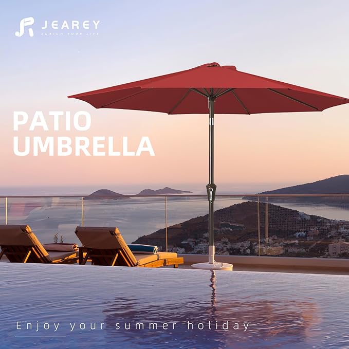 JEAREY Outdoor Patio Umbrella 9FT Outdoor Table Umbrella with Push Button Tilt and Crank, Market Umbrellas 8 Sturdy Ribs UV Protection Waterproof for Garden, Deck, Pool (Cherry Red)