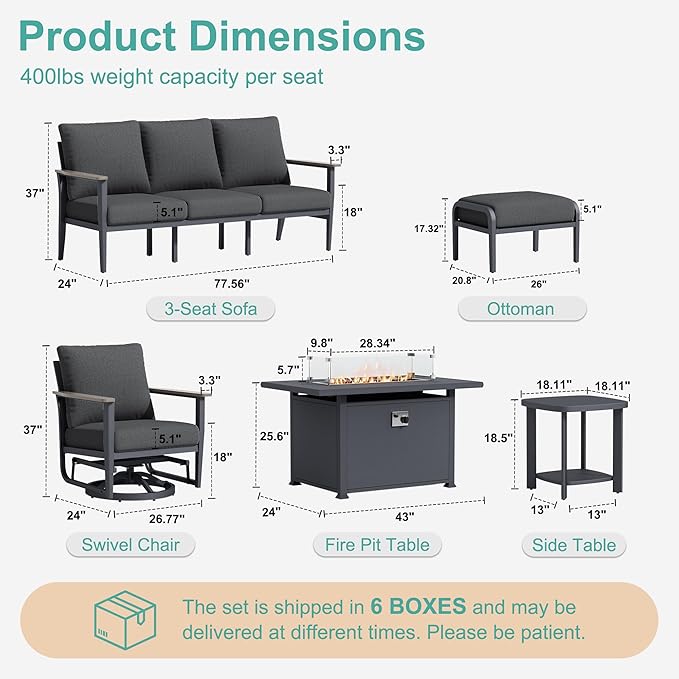 9-Seat Outdoor Patio Furniture Set with Rocking Swivel Chairs, Aluminum Sectional Sofa with Ottomans Patio Conversation Set with 55,000 BTU Fire Pit Table & High Backrest, Dark Grey