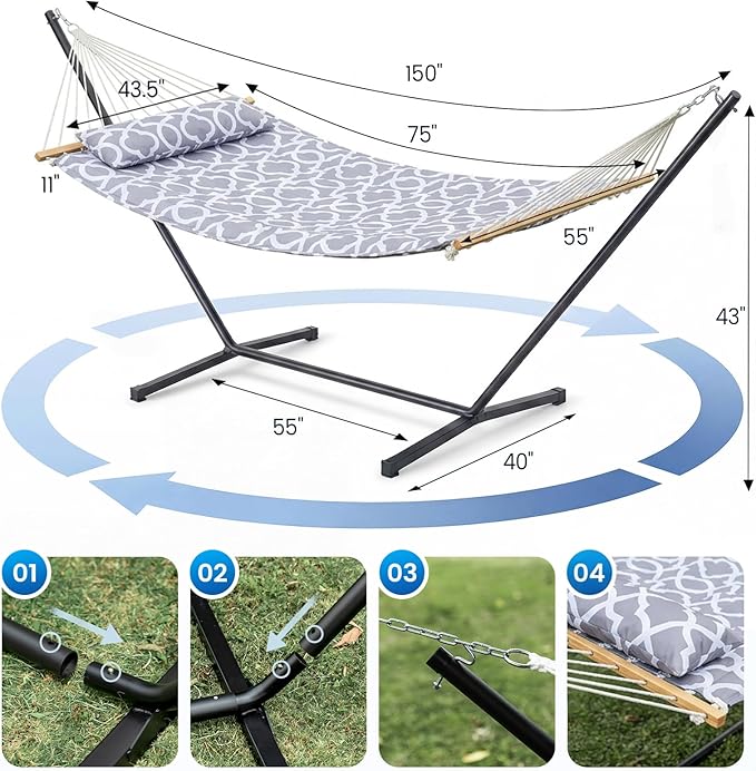 Double Hammock with Stand – Portable Cotton Rope Hammock with Removable Quilted Pad & Pillow, Adjustable Steel Frame for Patio, Backyard, Garden, Park, Camping & Outdoor Relaxation – White Gray