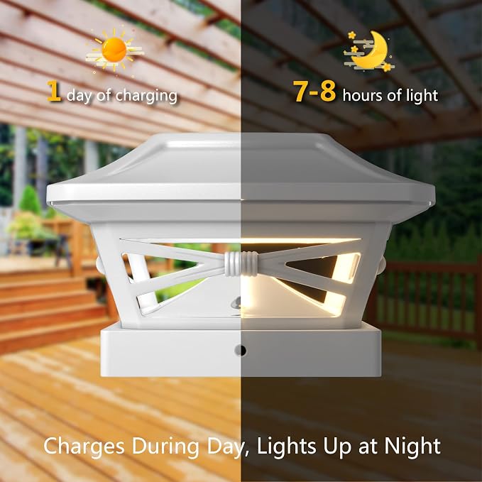 Davinci Renaissance Solar Outdoor Post Cap Lights, 4x4 5x5 6x6, Bright, 8PK | Pearl White, fence/deck/garden/patio posts, UV fade-protected plastic, auto-on, 7-8h runtime, cordless, IP44, 25lm warm white