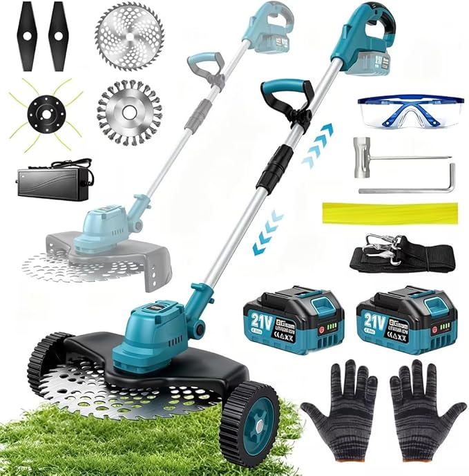 21000RPM Electric Weed Wacker Cordless-8000mAh, 1000W Weed Eater Battery Powered with Wheel, Adjustable Length, 4‑in‑1 Lightweight Grass Trimmer/Brush Cutter/Weed Trimmer/Edger Tool for Garden Yard