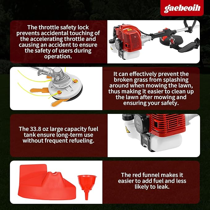 43cc Gas Weed Wacker, 2-Stroke String Trimmer/Edger Single Cylinder Air Cooled Engine Multi Purpose Gas Powered Weed Trimmer with Straight Shaft Lawnmower Strings for Home Lawn Orchard Tea Garden
