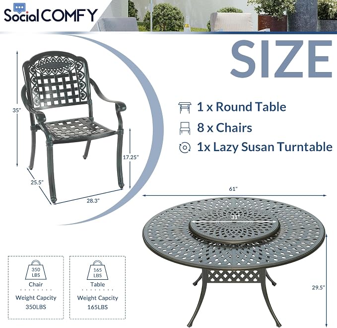 9-Piece Patio Cast Aluminum Dining Set, Outdoor Rust-Free Dining Furniture Set for 8 Person, Includes 8 Chairs and 61" Large Round Dining Table with 31" Lazy Susan, Umbrella Hole
