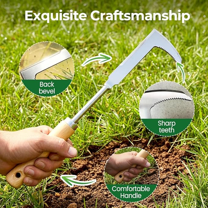 Crack Weeder, 12" Stainless Steel L-Shaped Crevice Weeder Tool with Wood Handle, Heavy Duty Sidewalk Weed Puller Spatula for Garden Patio Lawn, Gardening Hand Tool (C)