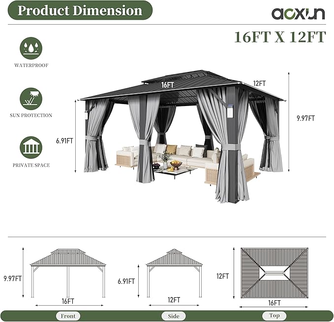 Aoxun 16'x12' Hardtop Gazebo with 4 LED Lights, Outdoor Gazebo with Galvanized Steel Double Roof, Patio Gazebo with Breathable Netting & Privacy Curtain, Decor Hooks for Backyard, Gray